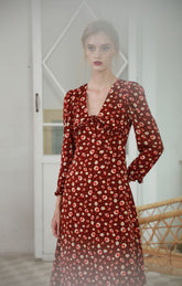 Burgundy Floral V-Neck Long Sleeve Dress - By Quaint